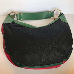 Gucci hobo black logo fabric with green leather